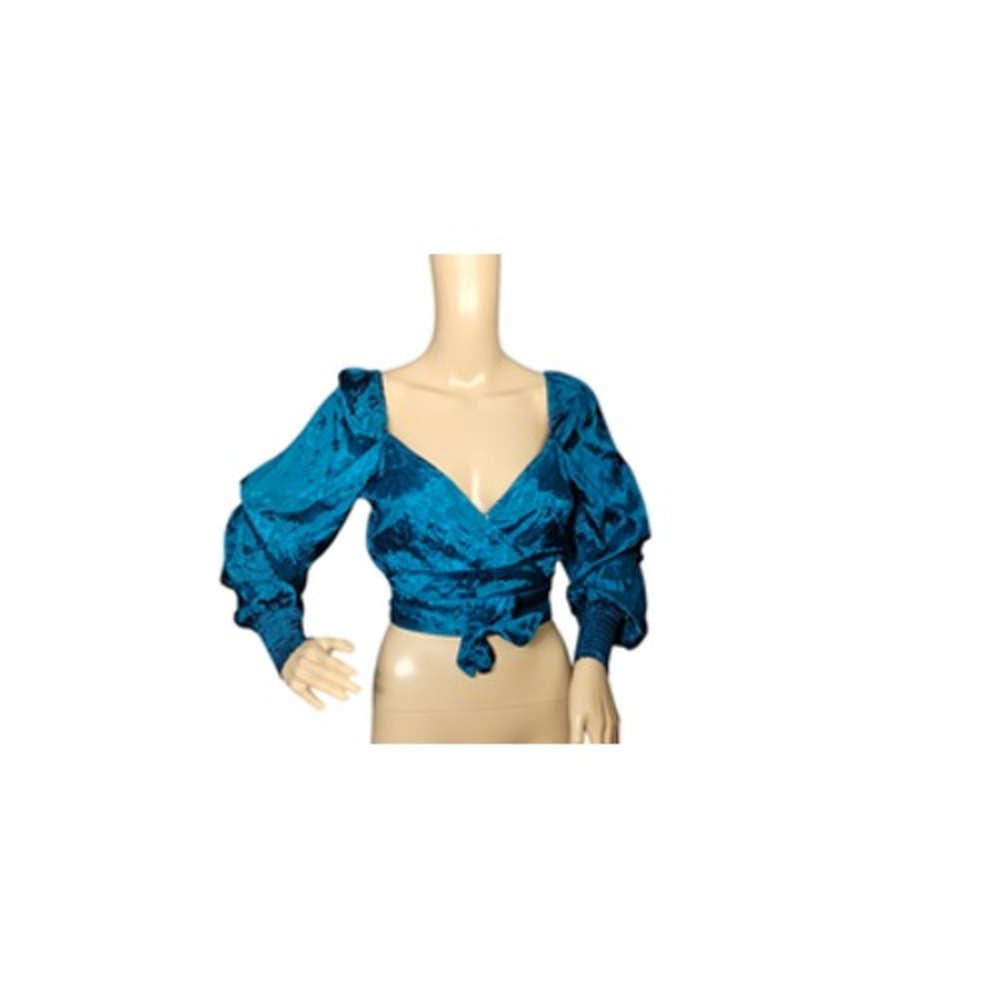 Band of the Free‎ Blouse Womens Small Deep Teal Wrap Jacquard Balloon Sleeve Top